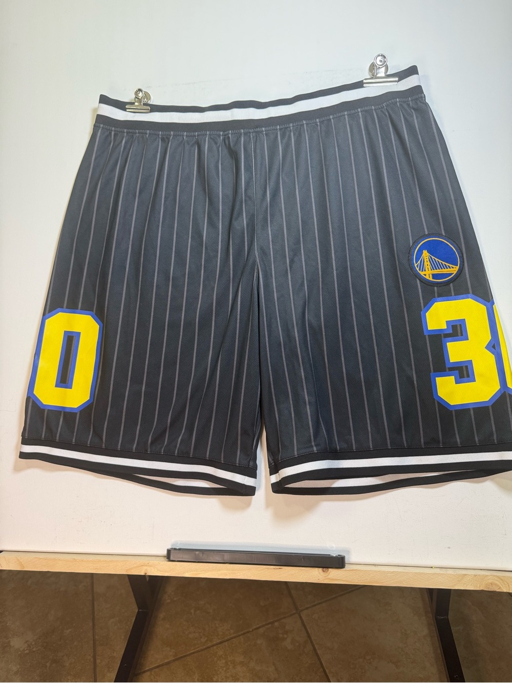 NBA Black Pinstripe Shorts with Yellow and Blue Accents